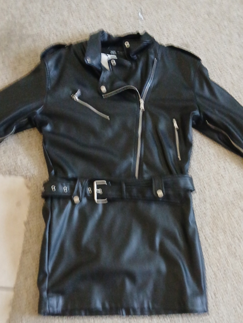 Zara Black Faux Leather Belted Moto Dress Jacket